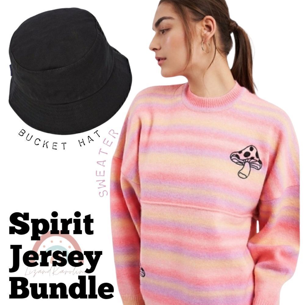 New! Disney Bucket Hat Spirit Jersey Wool Psychedelic Mushroom Sweater Bundle